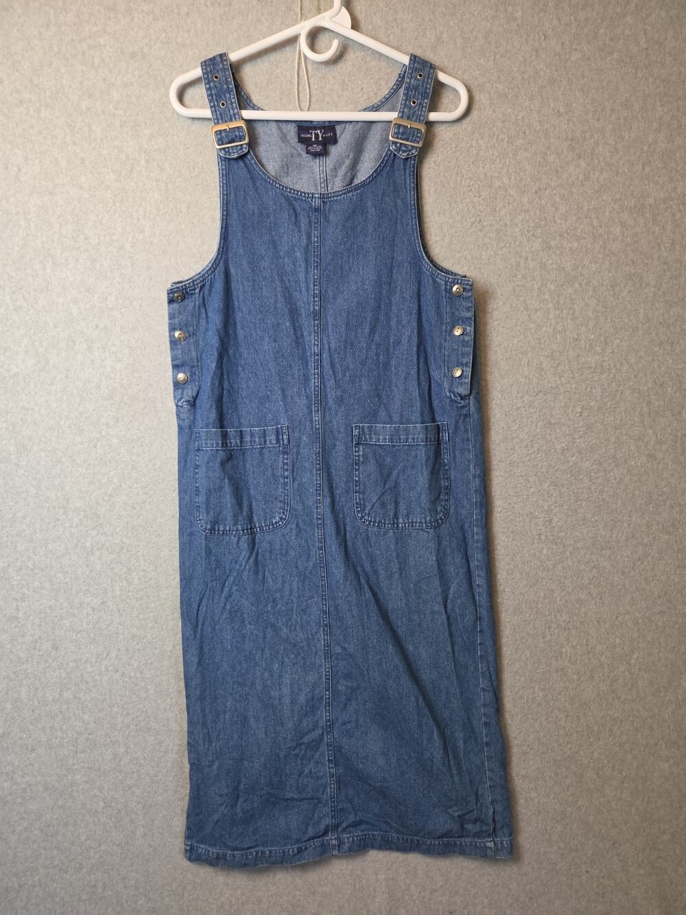 Vtg Original TY Wear Grannycore Denim Midi Jumper Tank Overall Dress Women's 8P